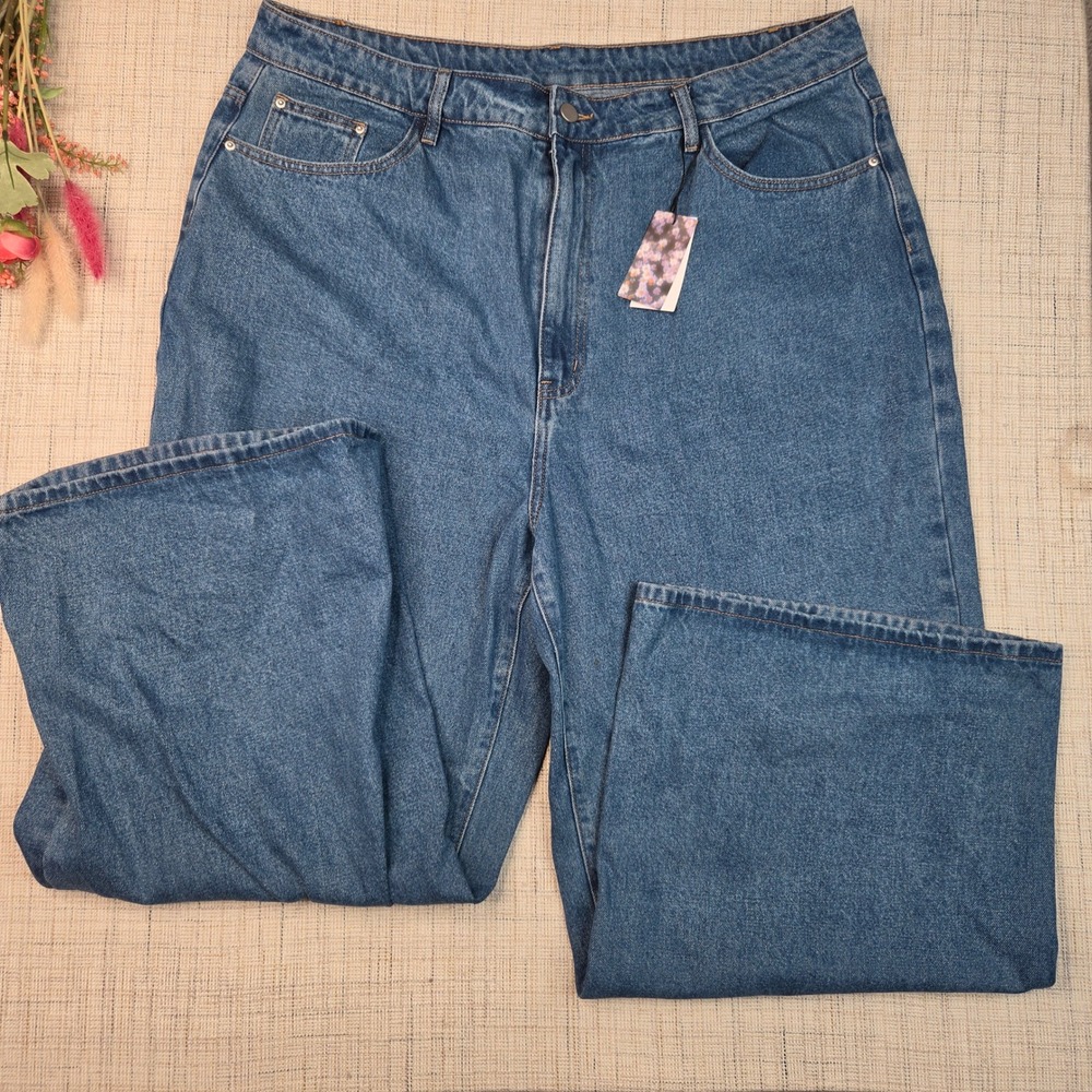 Cider‎ Women Blue Wide Leg Jeans Self Love Club Mushroom Embroidered 2XL NWT